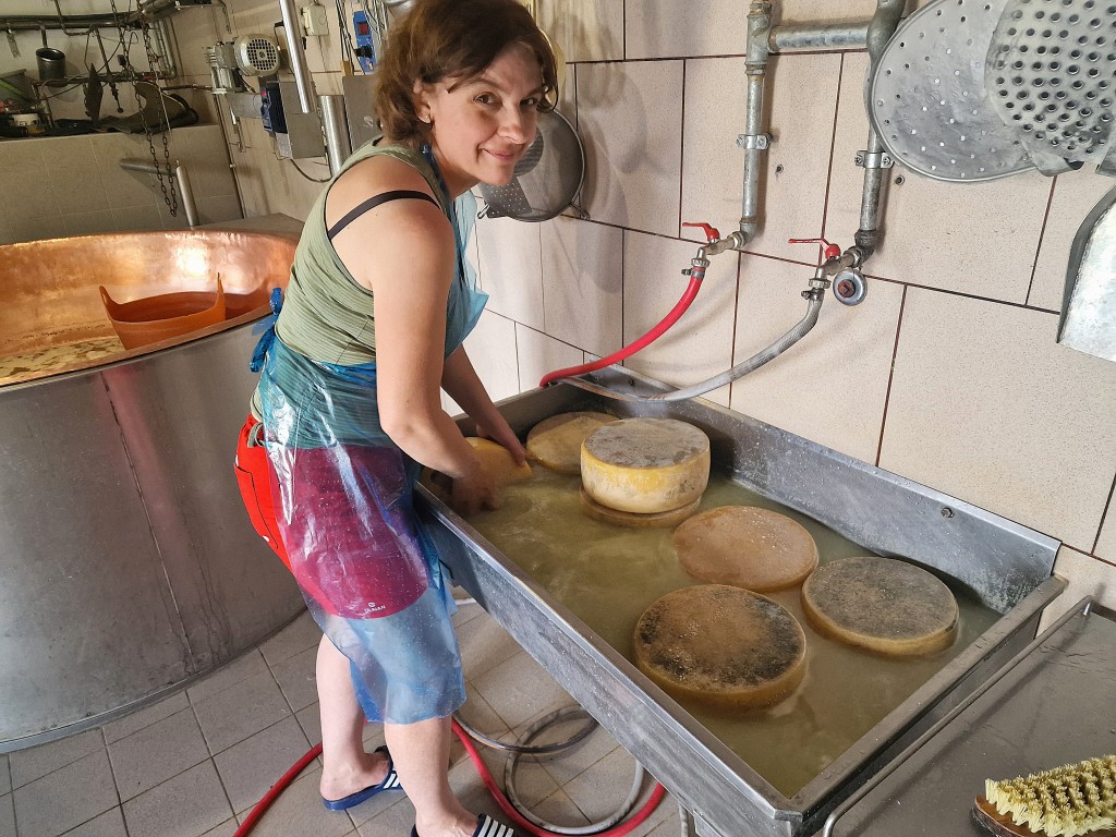 Woman making traditional cheese at Domačija Škvor