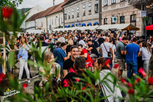 Visitors enjoying the Mestna Promenada event in the old town centre of Brežice, Slovenia.