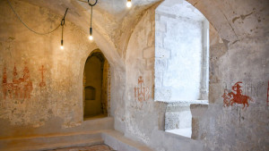 Historic interior of Ormož Castle with medieval wall drawings