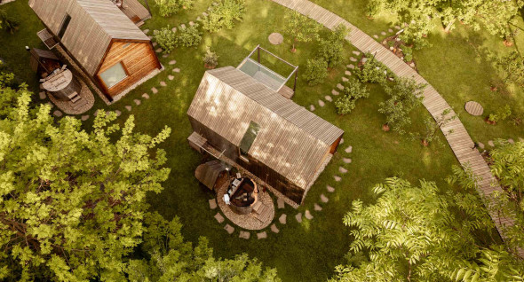 Gamping huts photographed from above