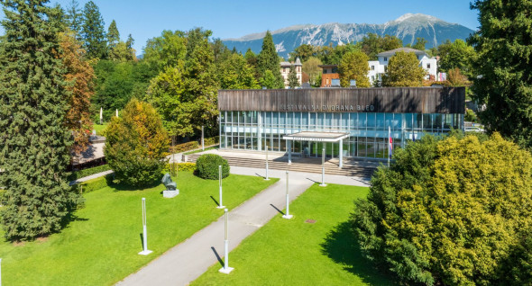 Exterior of Bled Congress center in front of Lake Bled