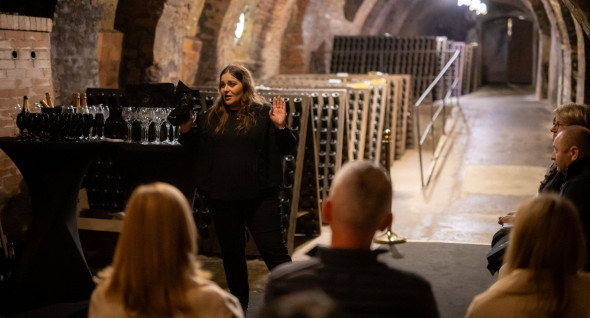A guide leads a guided tour through the historic cellars of Radgonske gorice