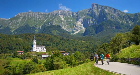 Bikers riding to the Church in Drežnica, Soča Valley
