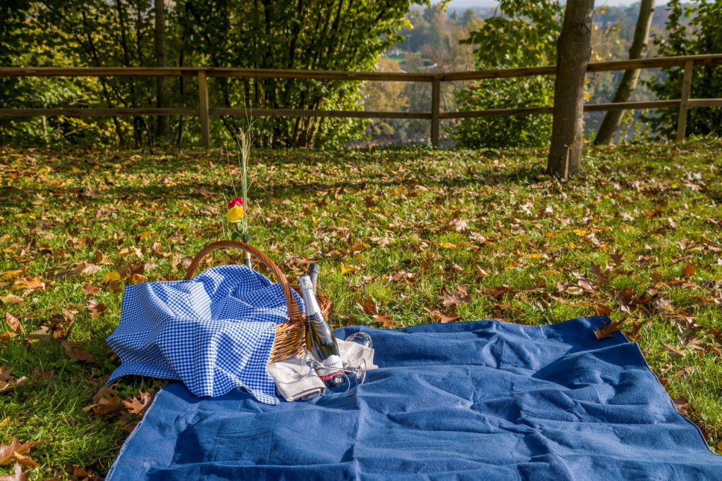 Picnic basket and blanket prepared for a local outdoor picnic experience at Radgonske Gorice in Slovenia