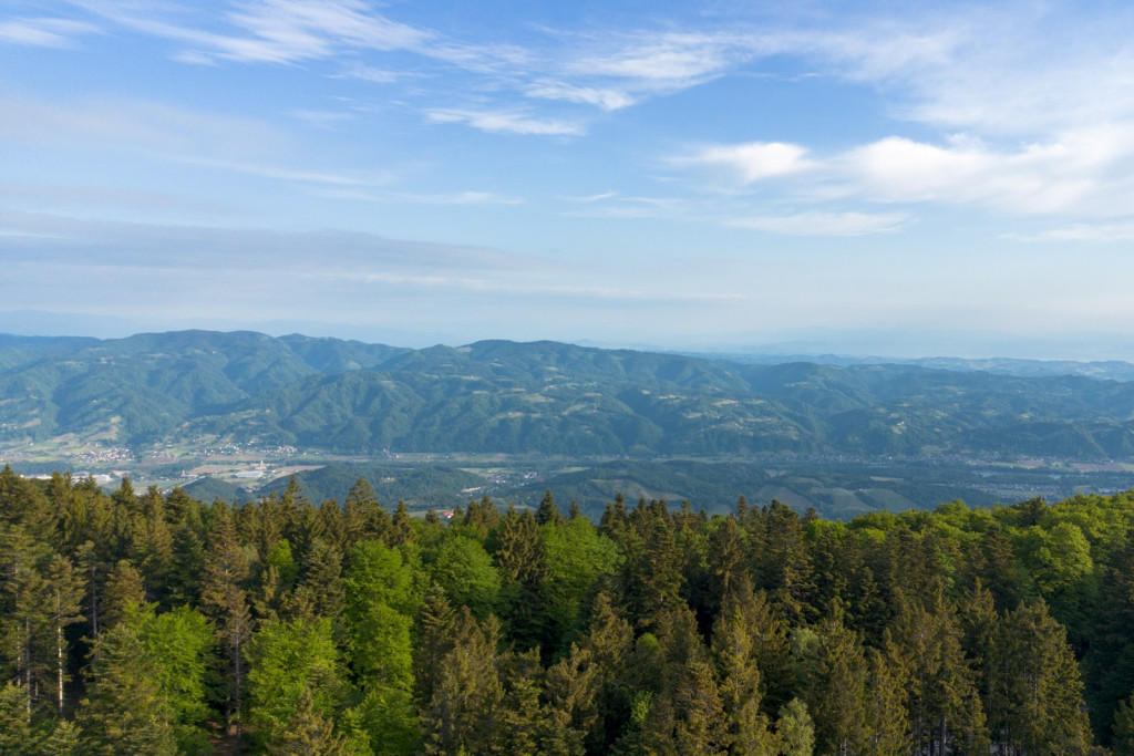 Panoramski pogled na gozdnate hribe, dolino in oddaljeno pokrajino pod modrim nebom.