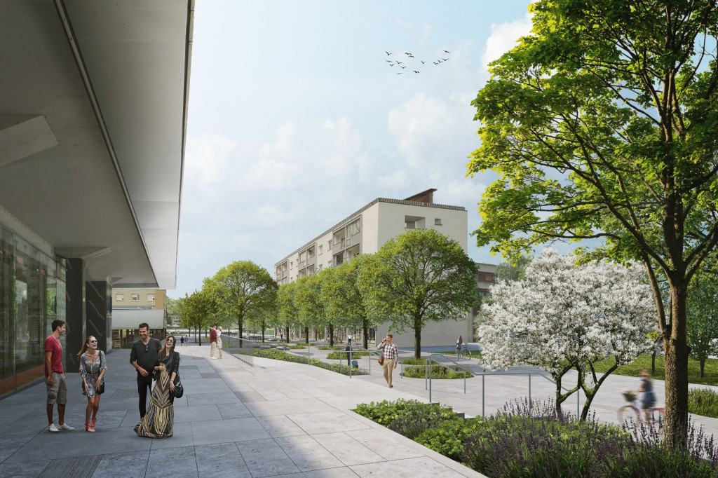 Vizualizacija prenovljene Cankarjeve ceste v Velenju z urejenimi površinami za pešce, zelenjem in lokalnimi ponudniki.